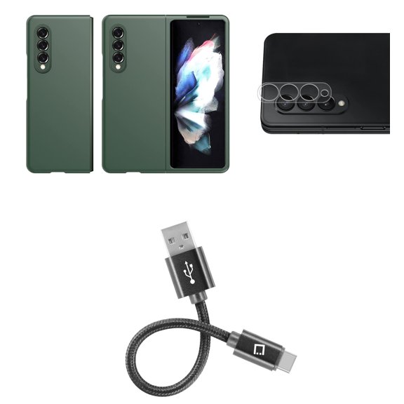 Bemz Accessory Bundle for Galaxy Z Fold 3 5G: Slim Rubberized Matte Snap On Case (Midnight Green), Rear Camera Glass Screen Protector, USB-C to USB-A Cable (4 inches)