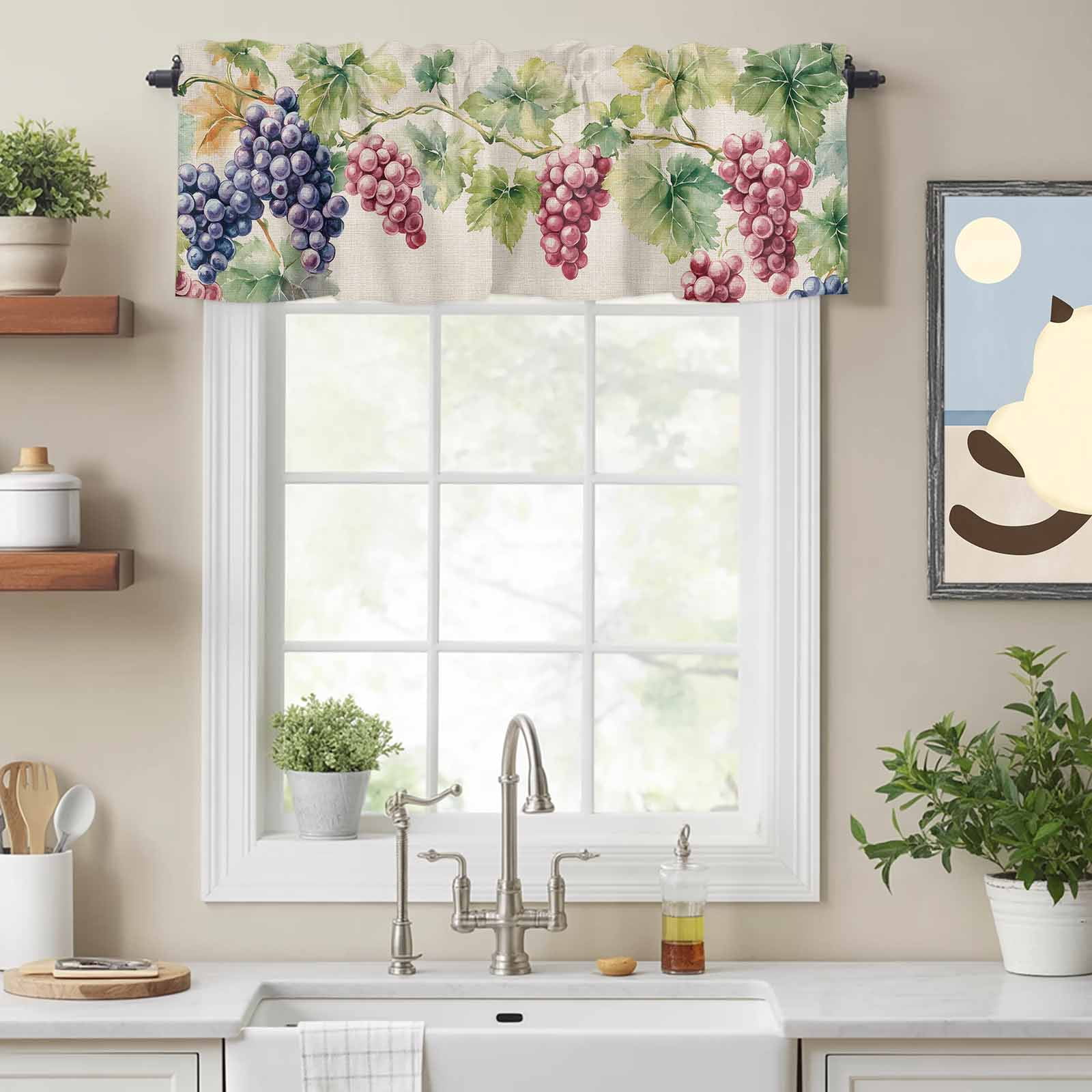 Spring Watercolor Grape Leaves Valances for Windows,Rod Pocket Valance for Kitchen Bedroom Bathroom Living Room, Country Vine Retro Linen Window Valance Curtain Short Curtains 60x18in