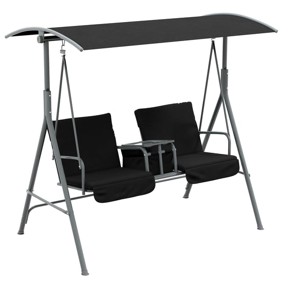 Outdoor 2-Person Porch Swing with Canopy and Side Table, Patio Swing Chair for Garden, Backyard, Deck, Black
