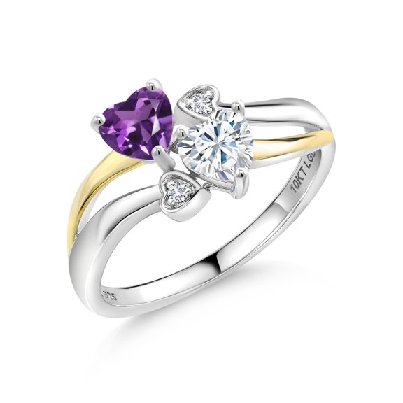 Gem Stone King 925 Silver and 10K Yellow Gold Purple Amethyst and Moissanite and Lab Grown Diamond Ring for Women (0.94 Cttw, February Birthstone, Heart Shape 5MM, Size 6)