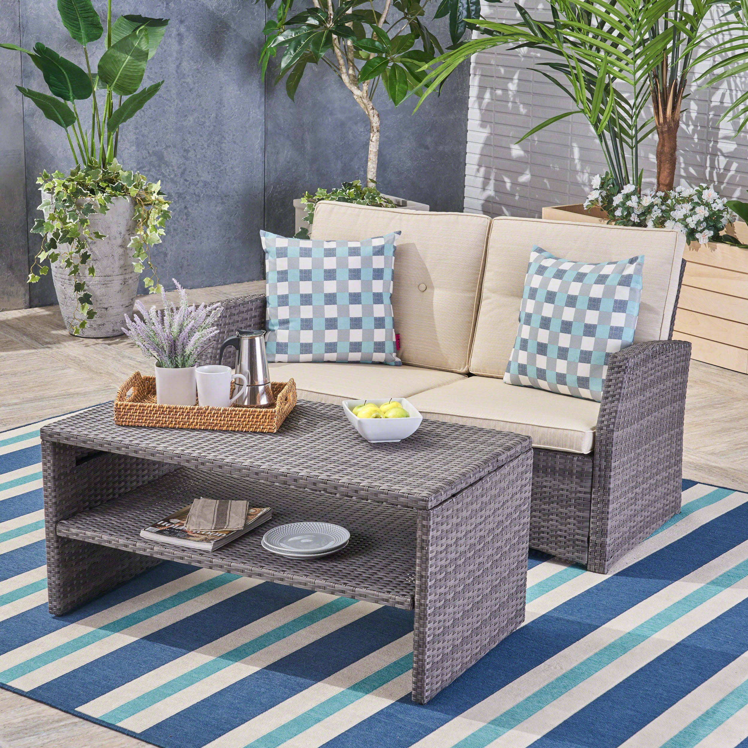 Sanger Outdoor Wicker Loveseat with Coffee Table, Gray, Beige