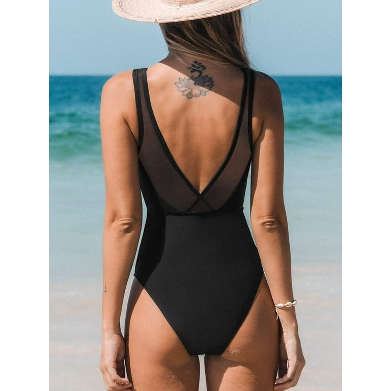 Cupshe Women s Vacation Black One Piece Swimsuit Mesh V Neck Crossciss Bathing Suit Black XS