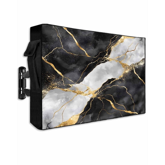 Outdoor TV Cover 52 to 55 Inch Weatherproof, Black And White Gold Waterproof TV Screen Protector for Outside Decor with Zipper and Pocket 52"L x 30"H , Abstract Marble Textured