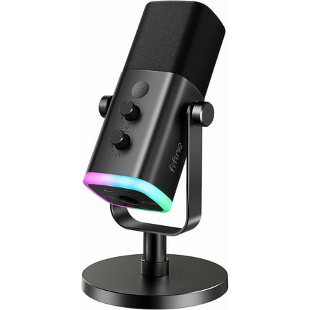 USB/XLR Dynamic for Podcast Recording, PC Computer Gaming Streaming Mic with RGB Light, Mute Button, Headphones Jack, Desktop Stand, Vocal Mic for Singing YouTube-AmpliGame AM8
