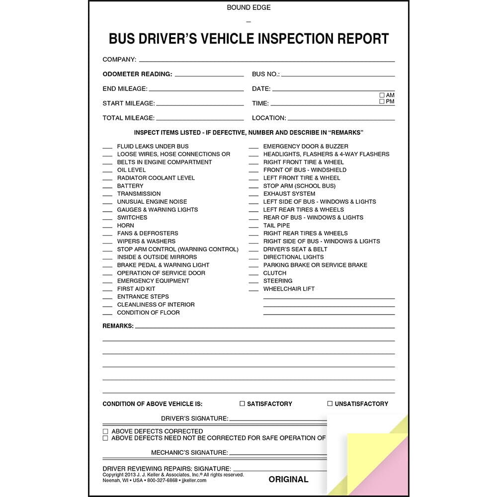 Bus Driver's Vehicle Inspection Report 5-pk. - Book Format, 3-Ply Carbonless, 5.5" x 8.125", 31 Sets of Forms Per Book