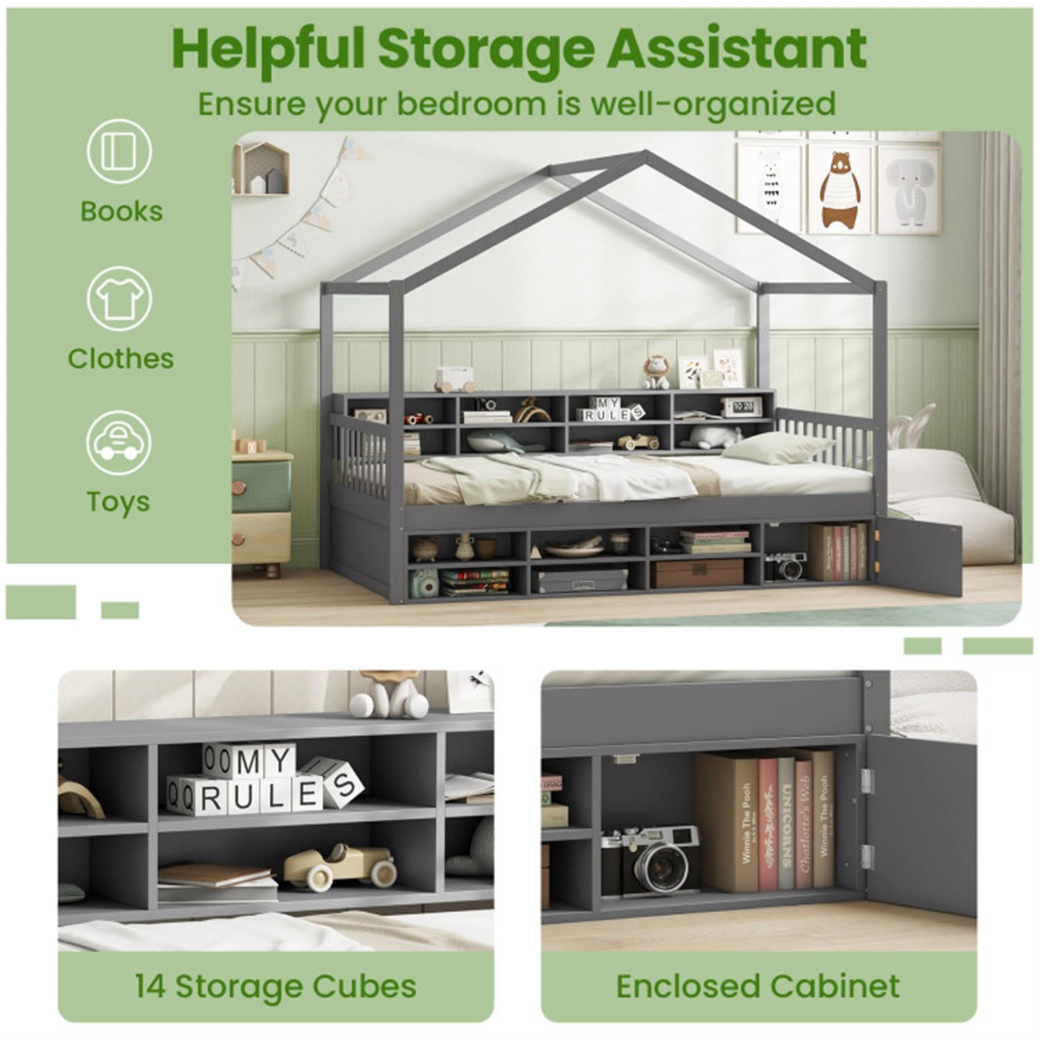Demi Bonn Twin Size Bed Frame with 14 Storage Cubes and Enclosed Cabinet, Wooden House Bed with Roof for Bedroom, Gray