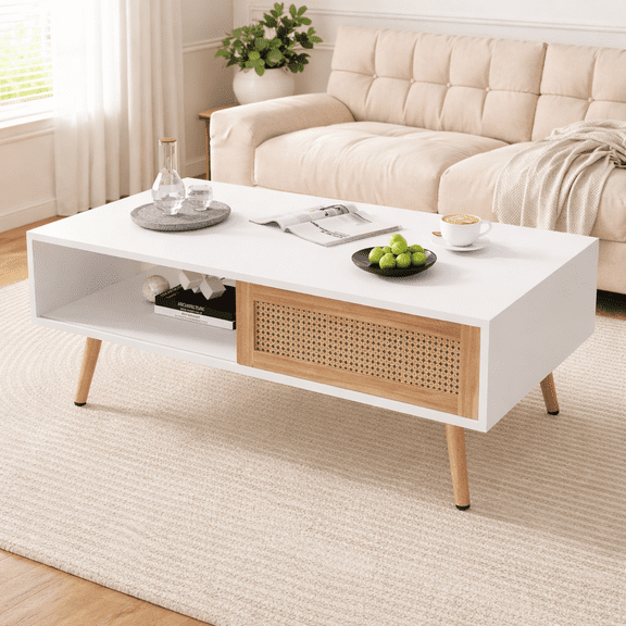 PAPROOS Rattan Coffee Table with Sliding Storage Door, Solid Wood Legs - Ideal for Living Rooms, White
