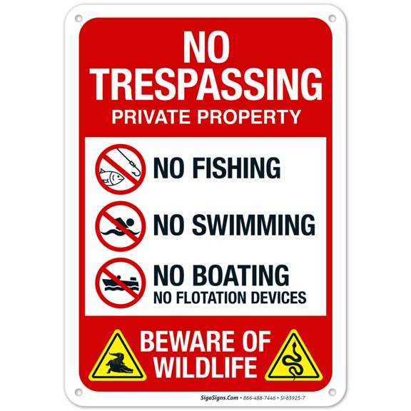 No Trespassing Private Property No Fishing No Swimming No Boating Beware Of Wildlife Sign,