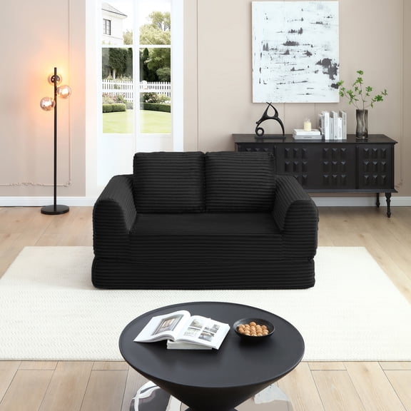 Boneless Modular Pull-Out Sofa Bed, Corduroy Futon Loveseat with 2 Pillows, No Assembly Folding Convertible Couch for Living Room Apartment