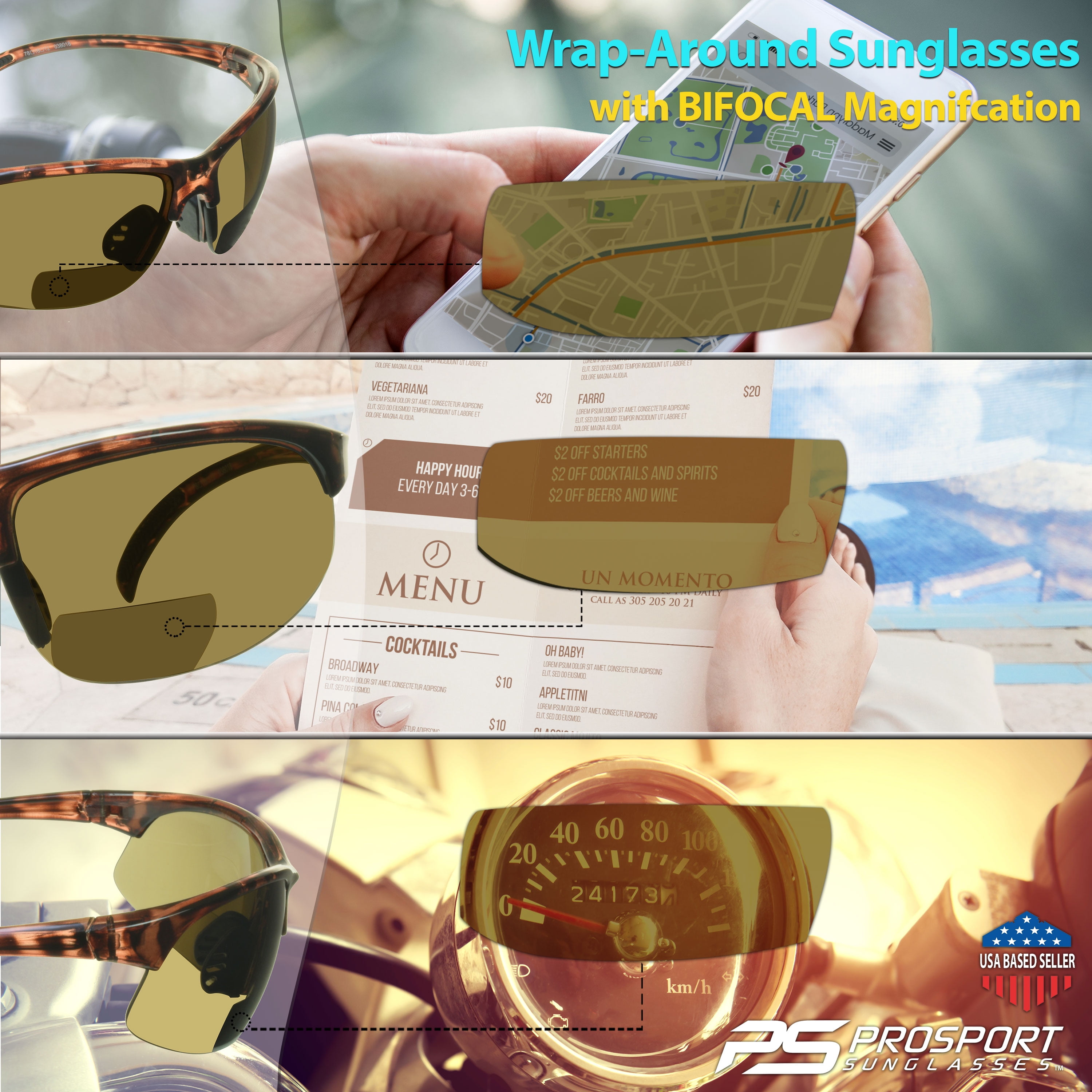 proSPORT Bifocal Reader Sunglasses 1.50 Dark Brown Lens Sport Wrap Polycarbonate Lens Golf Cycling Driving Running Tennis Motorcycle Men Women