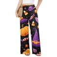 thumbnail image 4 of Halloween Wide Leg Pants for Women, Button Closure Trousers with Gradient Pumpkin & Bat Print, High Waist Loose Fit Streetwear Bottoms with Pockets, 1 Pc Dark Purple L, 4 of 6