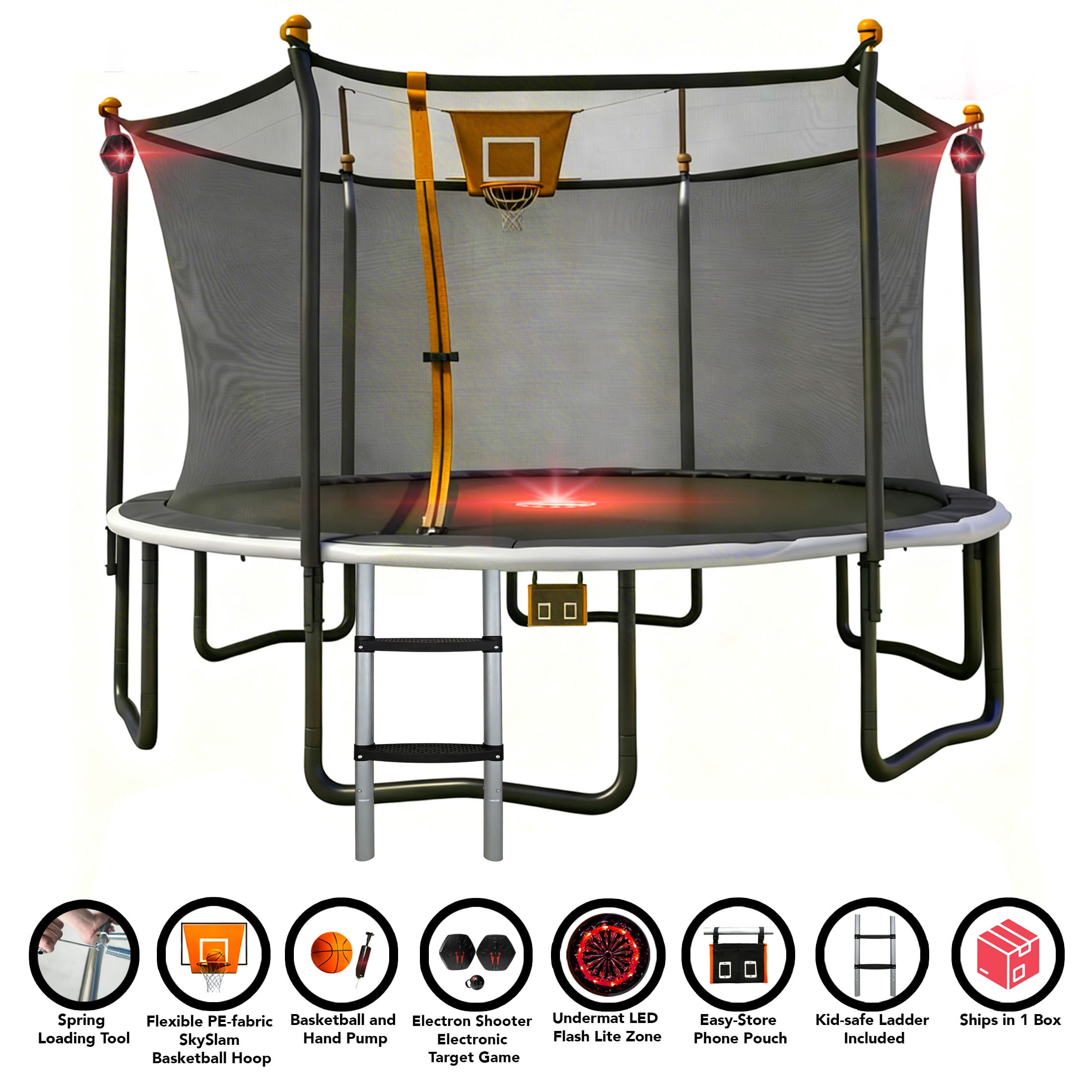 Sportspower Bounce Pro 14ft Multiplay Trampoline Meets ASTM Safety Standards, Heavy-Duty Rust-Resistant Painted Steel Frame, Safety Net, Basketball, Electronic Target Game & Flashing Lights