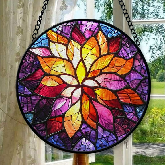 Stained Glass Window Hanging, Fuchsia Abstract Flowers Suncatcher for Window Home Decor Orange Sun Catcher Mother's Day Birthday Gifts for Women Men Mom Nana, Stained Glass