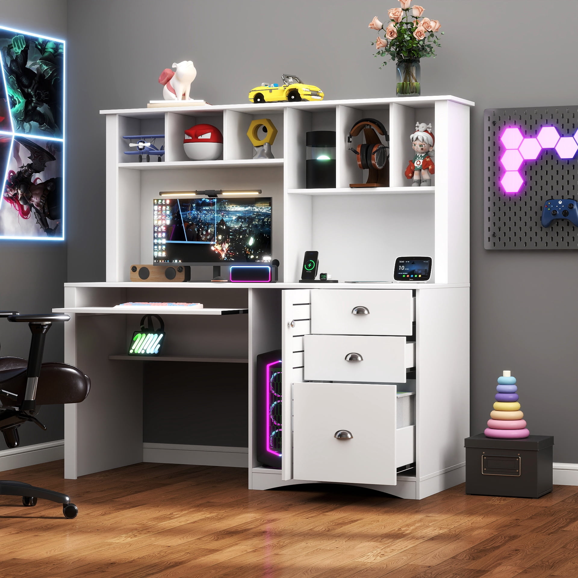 GAKMCIL 59.06"(L) Computer Desk with 2-tier open Hutch, 3 large drawer & Keyboard Tray, Home Office Desk, Executive Desk, Large Writing Desk, Space-Saving Design for Study or Bedroom Workspace, White