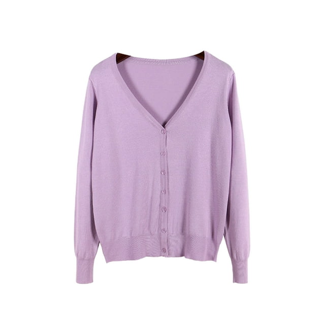 LUXUR Ladies Cardigan Sweater Solid Color Outwear V Neck Coat Single-breasted Jacket Long Sleeve Purple 6XL
