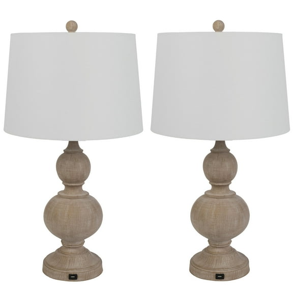 Set of 2 Table Lamps USB Charging Ports LED Bulbs Living Room Decor Whitewash