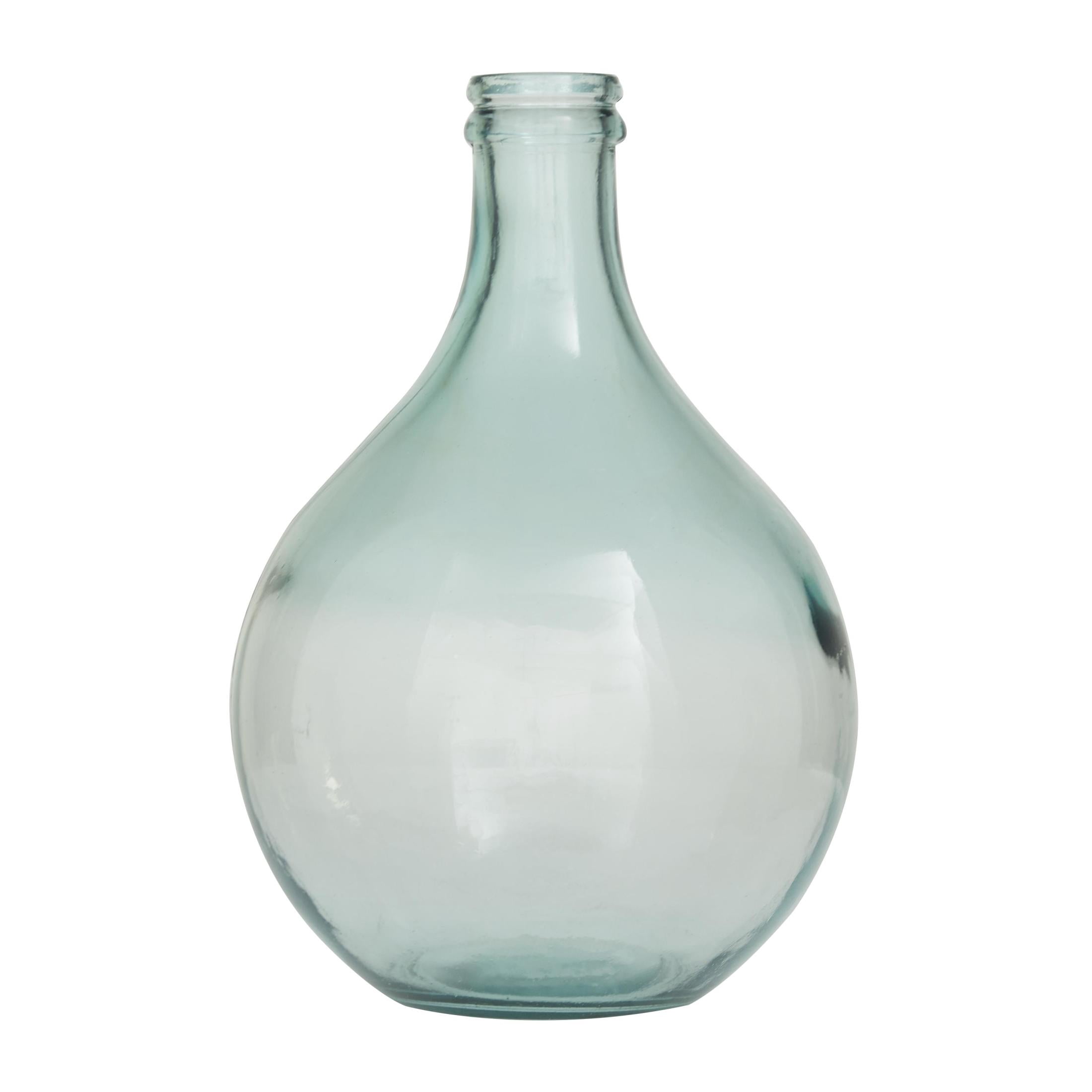 DecMode Teal Recycled Glass Handmade Spanish Bottle Neck Decorative Vase, 11" x 11" x 17"