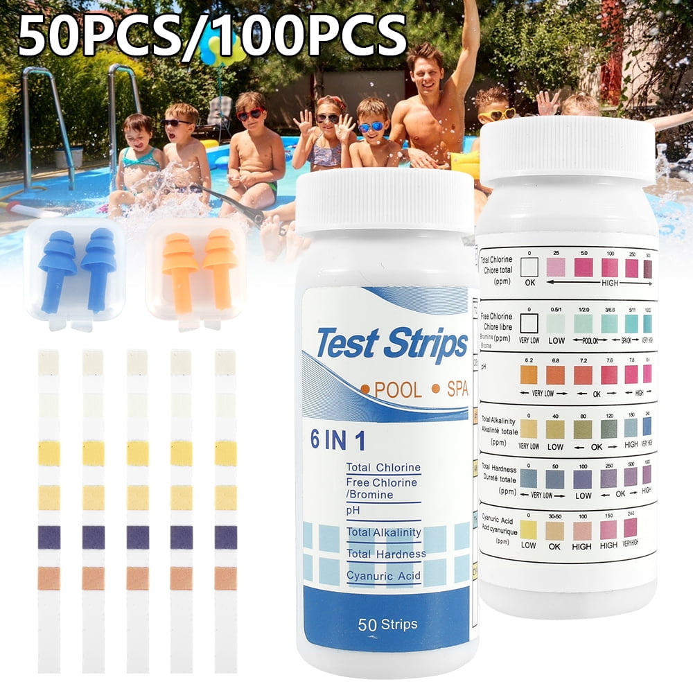 HOTBEST 6 in 1 100PCS Swimming Pool Water Chlorine Dip PH Test Strips Paper Clear Water Quality Hot Tub Spa Chemicals Tester