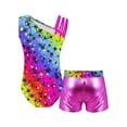 thumbnail image 2 of YEAHDOR Kids Girls Bronzing Ballet Dance Set Asymmetrical Shoulder Leotard with Metallic Shorts Gymnastics Suit Outfit, 2 of 7