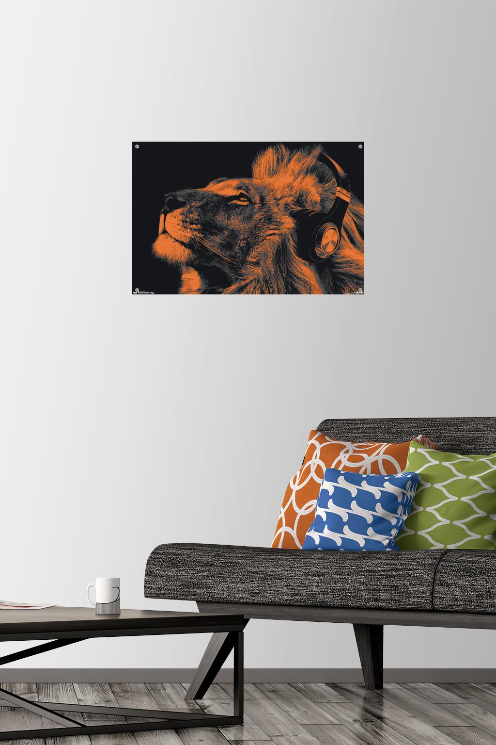 Lion With Headphones Wall Poster with Push Pins, 14.725" x 22.375"