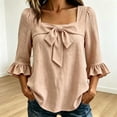 thumbnail image 3 of GERsome Womens T-Shirts Ruffled 3/4 Sleeve Square Neck Bowknot Trim Loose Fit Blouses for Casual Work Travel Khaki L, 3 of 6