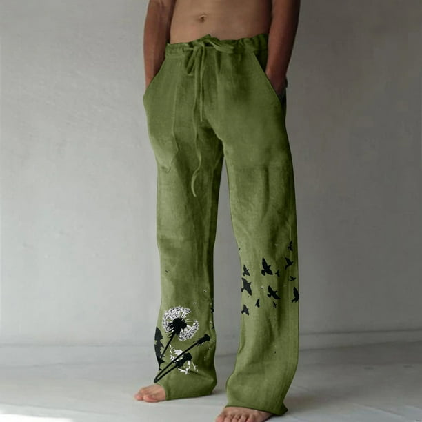 Pantalones largos de verano para hombre, de algodón y lino, con pierna ancha, estampados, con cordones, para deportes y vacaciones