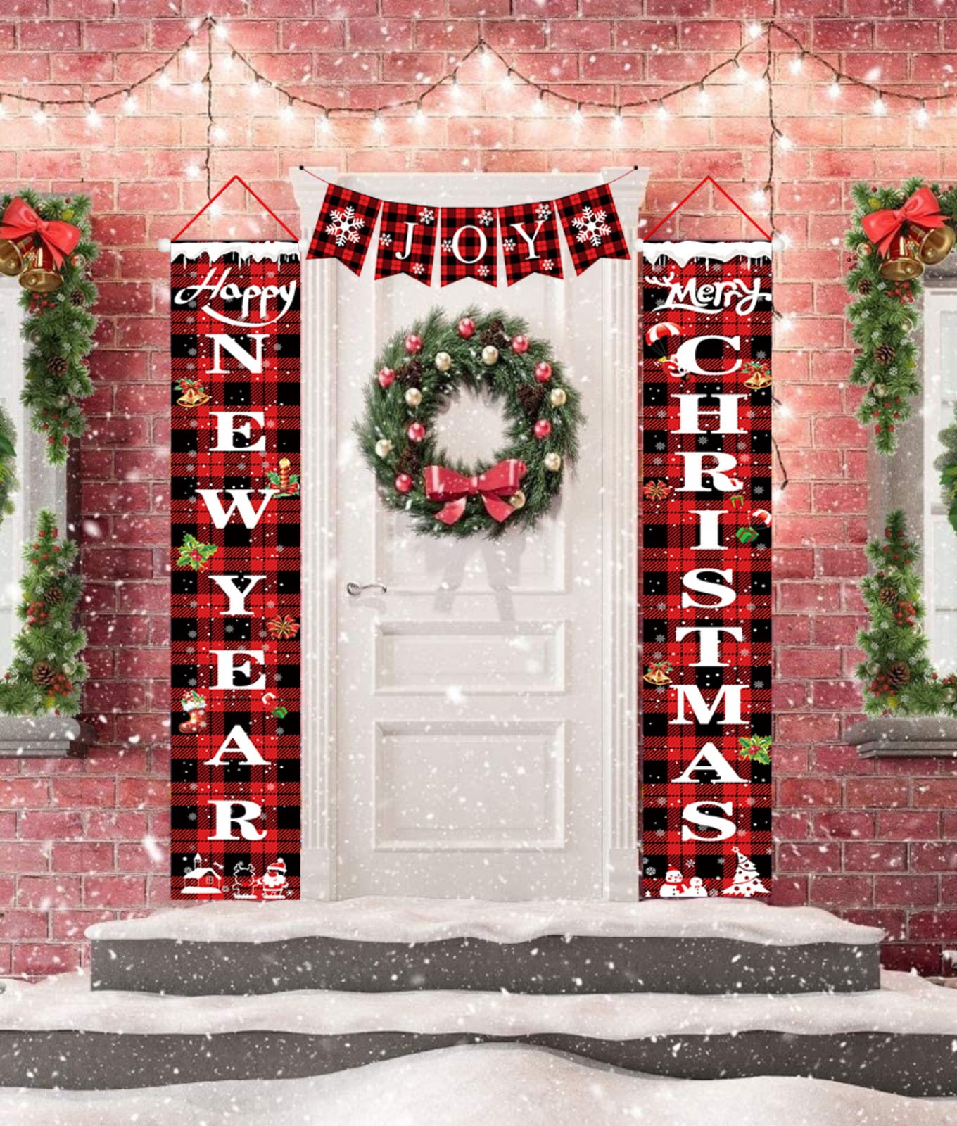 Buffalo Plaid Golden Porch signs for Christmas Decor DAZONGE Outdoor Christmas Decorations Porch Banners Happy New Year & Merry Christmas Front door