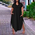 thumbnail image 2 of WTOBBY Women's Solid Color Slit Dress, Elegant Plus Size Short Sleeve V-Neck Casual Office Wear for Special Occasions Business Events and Cocktail Parties,Black 5XL, 2 of 5