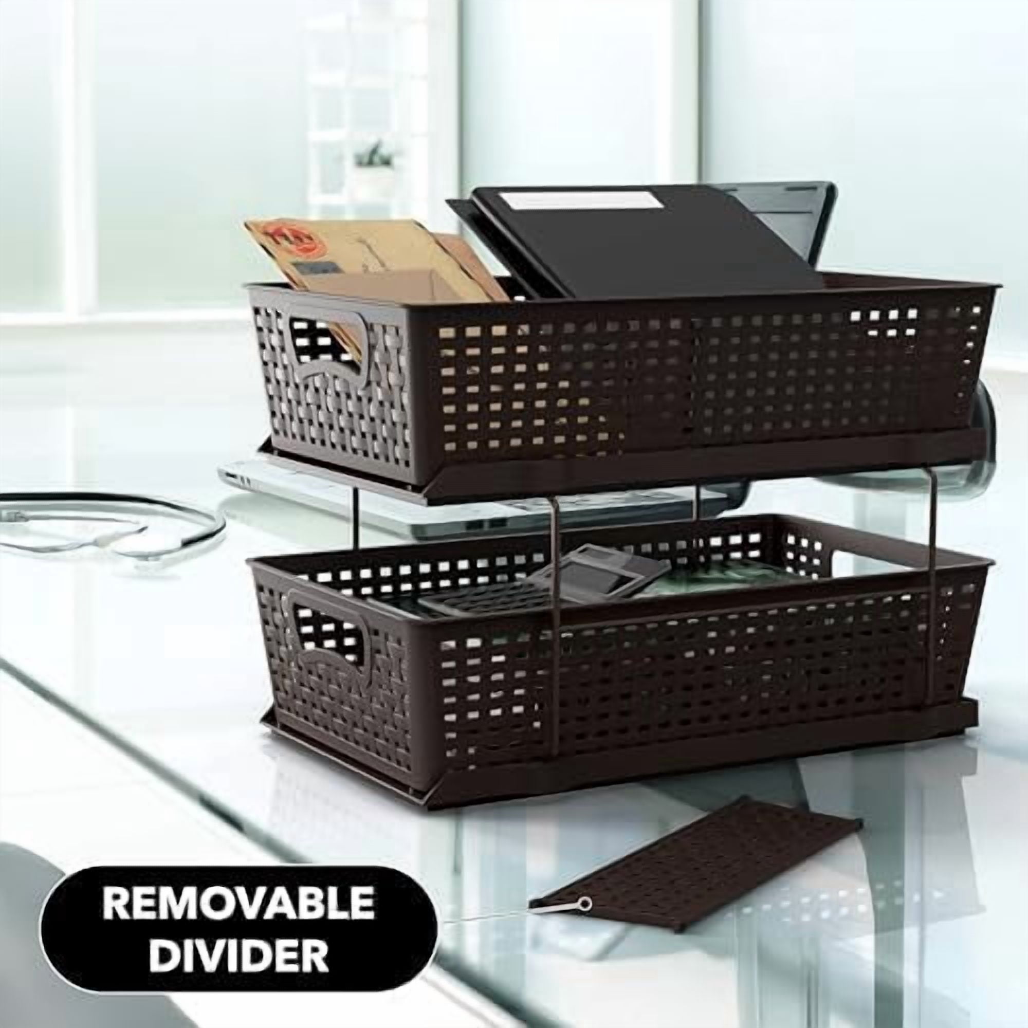 2 Tier Bathroom Organizer Tray Pull-Out Sliding Drawer, Under Sink Storage, Brown