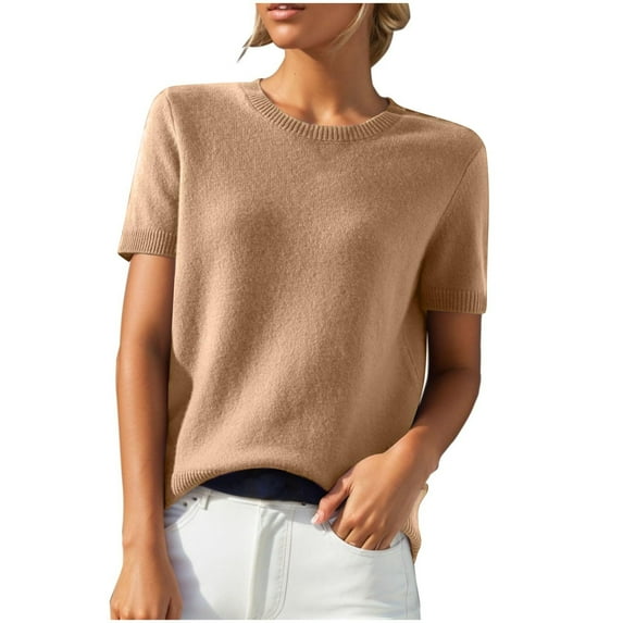 Ashirexll Summer Shirts for Women, Womens Casual Tops, Casual Solid Color Knitted Short Sleeve Round Neck Pullover Shirt