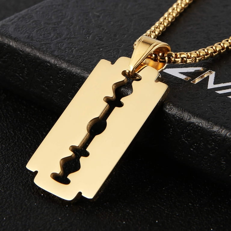 HZMAN Men's Stainless Steel Razor Blade Dog Tag Necklace - Hip Hop Punk Rock Pendant