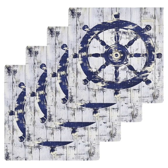 Navy Blue Rudder Coastal Kitchen Dish Towels for Drying Dishes Set of 4, Nautical Beach Ocean Retro Waffle Weave Microfiber Hand Tea Bathroom Towels Quick Dry & Absorbent Towel 12x12