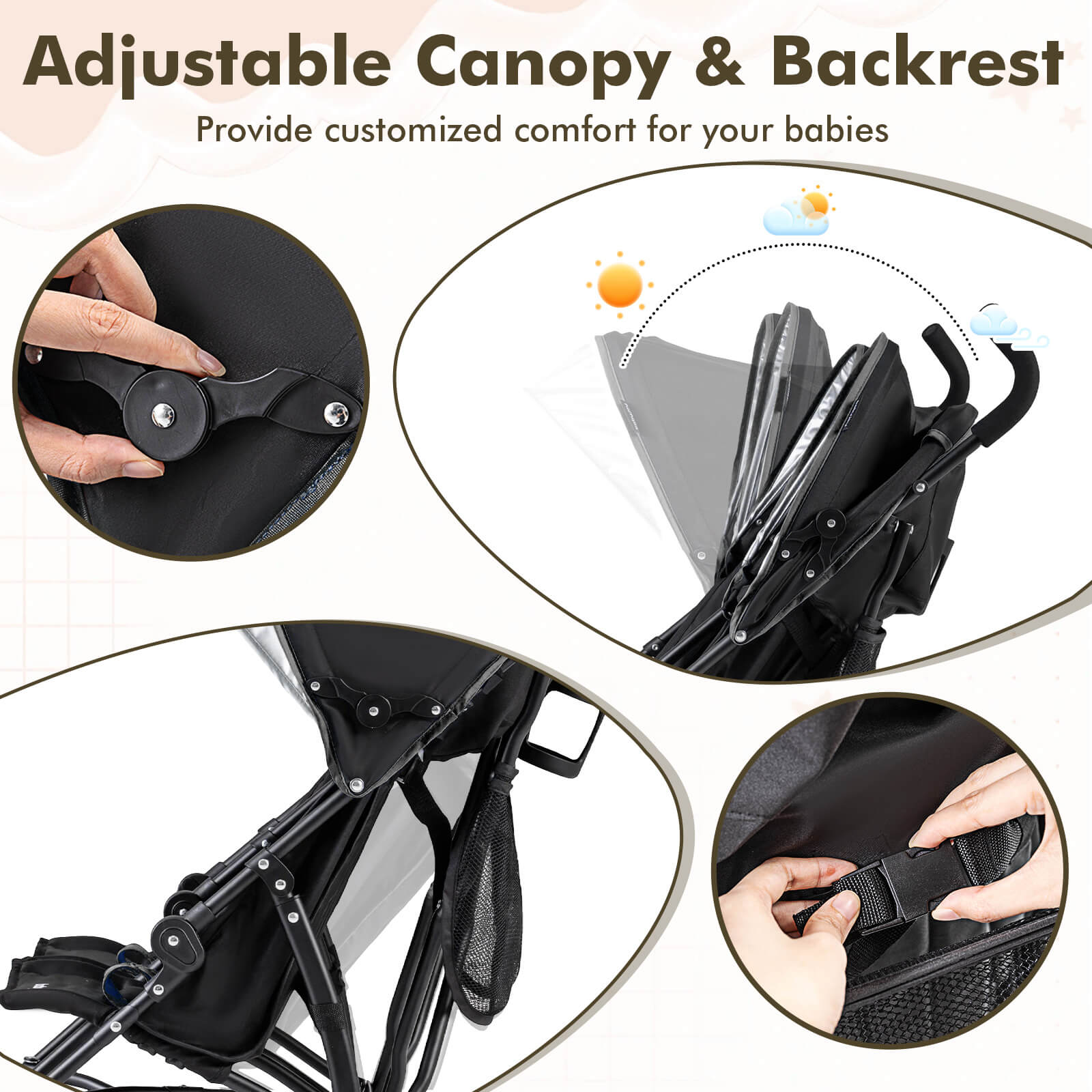 Costway Twin Lightweight Double Umbrella Stroller, Black photo 7