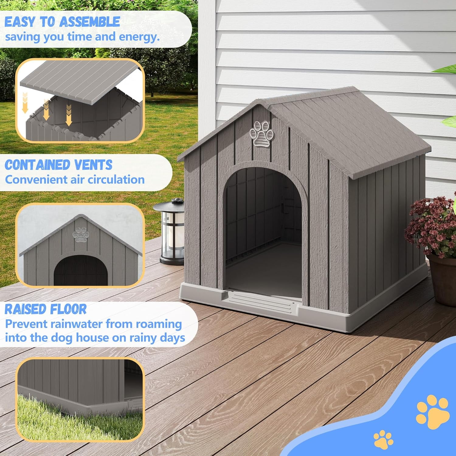 38 Inch Large Dog House with Waterproof- Indoor & Outdoor Pet Shelter for Small to Large Dogs, Easy Clean & Quick Assembly,Grey