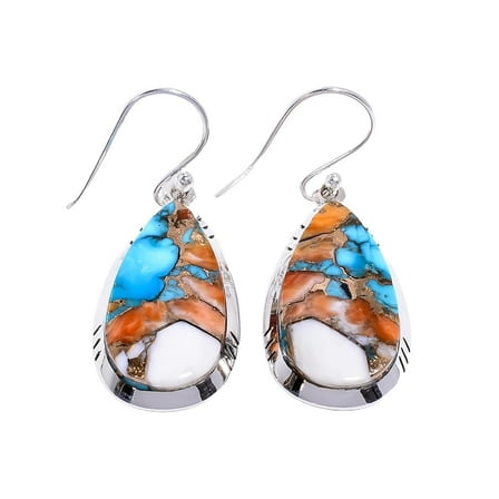 Orange and Blue Oyster Turquoise Gemstone 925 Sterling Silver Dangle Earrings Gift Jewelry for Women