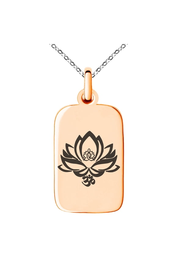 Stainless Steel Healing Lotus Om Engraved Small Rectangle Dog Tag Charm Pendant Necklace
