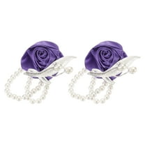Uxcell 2Pcs Wrist Corsage Artificial Flower with Faux Pearl Bracelets for Wedding, Prom Party, Anniversary,Dark Purple