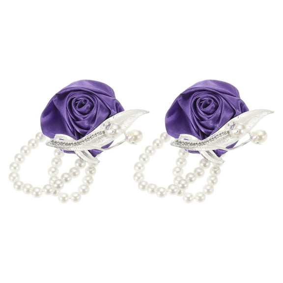 Uxcell 2Pcs Wrist Corsage Artificial Flower with Faux Pearl Bracelets for Wedding, Prom Party, Anniversary,Dark Purple