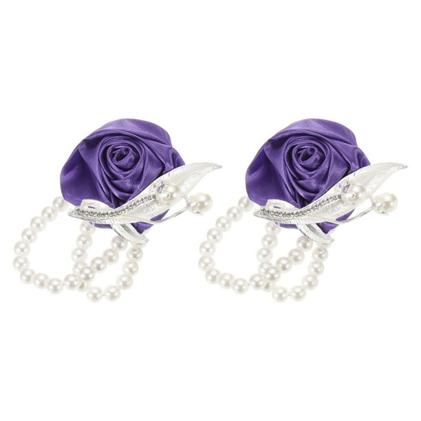 Uxcell 2Pcs Corsage de muñeca de flor artificial con pulseras de perlas falsas para boda, fiesta de graduación, aniversario, púrpura oscuro
