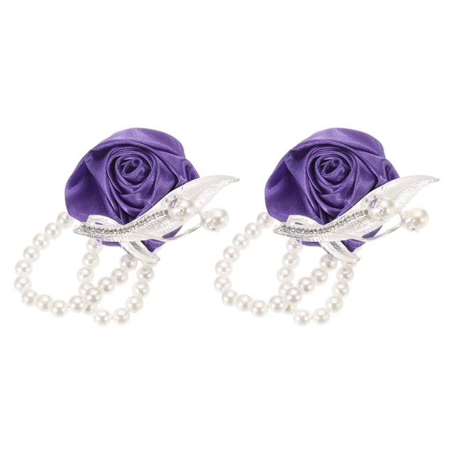 Uxcell 2Pcs Corsage de muñeca de flor artificial con pulseras de perlas falsas para boda, fiesta de graduación, aniversario, púrpura oscuro