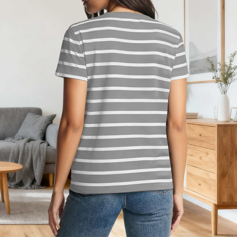 Women's Striped T-Shirt, Short Sleeve Classic Cotton Shirt, Crew