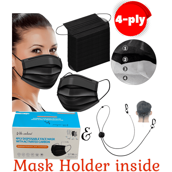 50pcs 4ply black disposable face s disposable with s holder, s disposable face s with ear saver lanyard the additional s hanger ear pressure