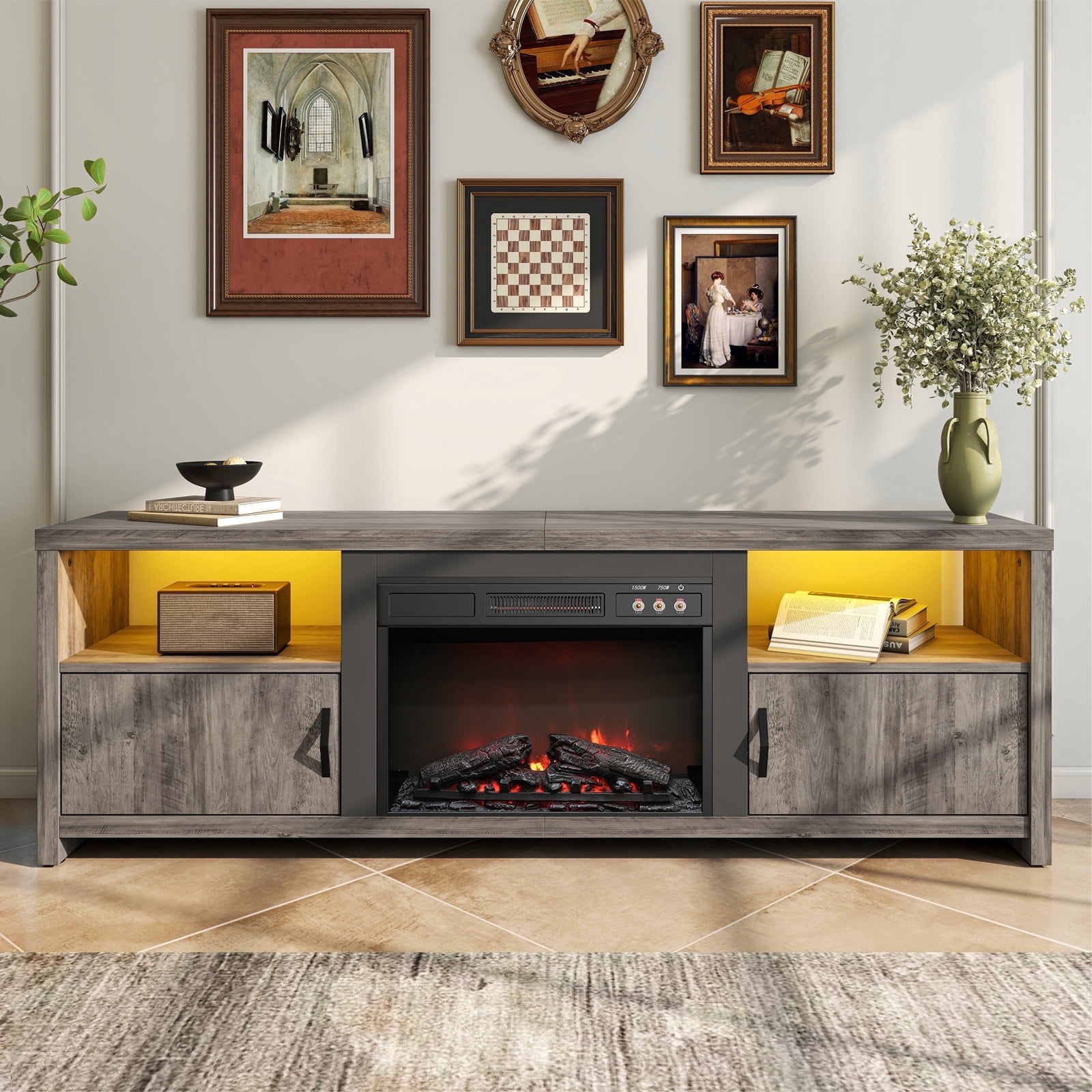 Bestier 71 inch Electric Fireplace TV Stand for TVs up to 75", Modern Entertainment Center with LED Lights, Wash Grey