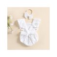 thumbnail image 3 of Gureui Kids Baby Girls Summer Romper with Headband, Plain Fly Sleeves Lace Square Neck Tie-Up Romper, Infant Snap Triangle Backless Jumpsuit, 3 of 9