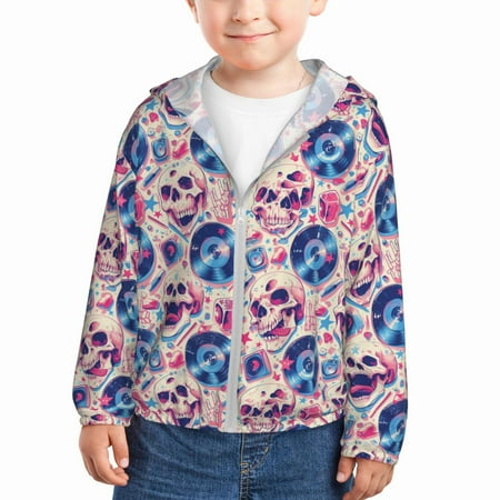 

Goofa blue record rock Skull Printed Kids Zip-Up Hoodie Girls Boys UPF50+ Sun Protection Jacket Hooded Cooling Shirt-2 Years