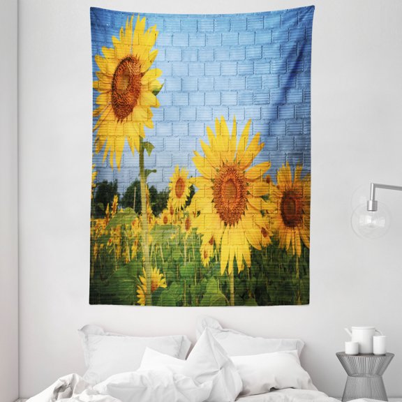 Brick Wall Tapestry, Sunflower Drawing on Wall Peaceful Habitat Meadow Valley in Rural Village, Wall Hanging for Bedroom Living Room Dorm Decor, 60W X 80L Inches, Yellow Green, by Ambesonne
