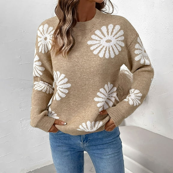 Aueoeo Sweaters For Women 2025 Crewneck Flower Printed Cute Color Block Fall Winter Knitted Pullover Tops Khaki L