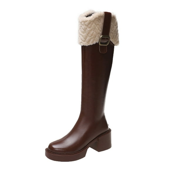 Lovskoo 2024 Women's Knee High Boots Leather Round Toe Platform Boots Fall and Winter Velvet Comfortable High Heel Boots Brown