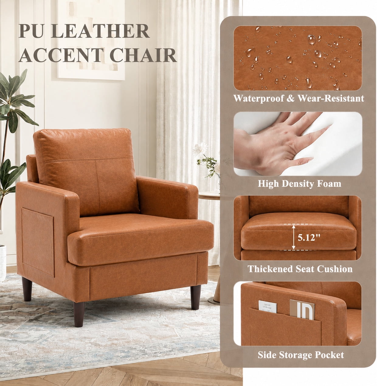 MOONMISS Modern Accent Chair Set of 2,PU Leather Single Sofa with Wood Legs,Reading Armchair for Living Room,Bedroom,Office,Brown