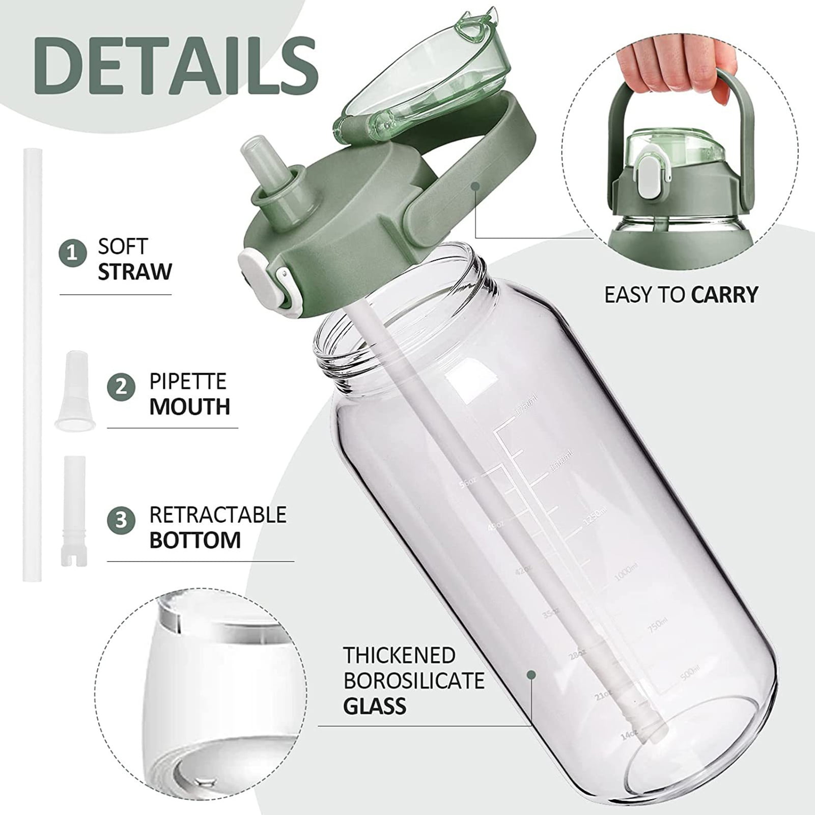 Borosilicate Glass Water Pitcher 56 Oz Glass Water Bottle with Straw Time Marker Bpa-free Half Gallon Water Jug for Gym Workout Silicone Sleeve